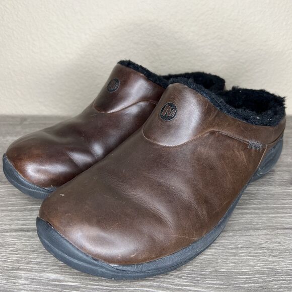 Merrell Encore Ice Smooth Brown Leather Mules Clogs Womens 9.5 Sherpa Lined - Picture 1 of 13